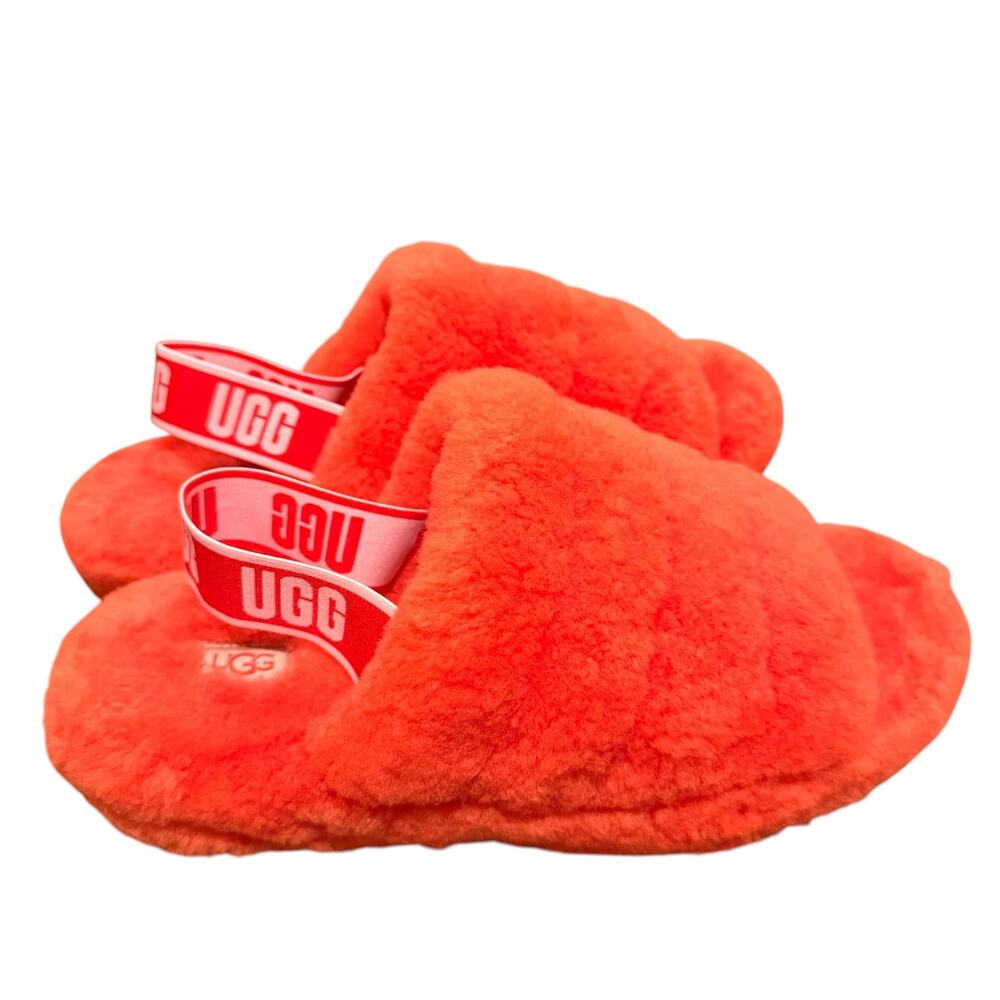UGG Women's Fluff Yeah Fur Slide Slipper Orange with elastic logo strap Size 11
